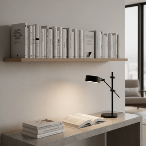 Un rincón de biblioteca minimalista con una única estantería flotante de madera clara repleta de libros cuidadosamente alineados, mezclando novelas de ficción contemporánea y volúmenes de ensayo con cubiertas sobrias en blanco, gris y negro. Sobre una consola de piedra pulida descansa una pila de tres libros, el superior entreabierto, mostrando subrayados finos y notas al margen. Junto a ellos, una lámpara de escritorio de metal negro proyecta una luz cálida y focal, que contrasta con la penumbra suave del resto de la habitación. Fotografía de alta definición, encuadre limpio siguiendo la regla de los tercios, con fondo ligeramente desenfocado. La atmósfera es serena, intelectual y moderna, transmitiendo un espacio donde la reflexión profunda y la lectura rigurosa conviven de forma elegante.