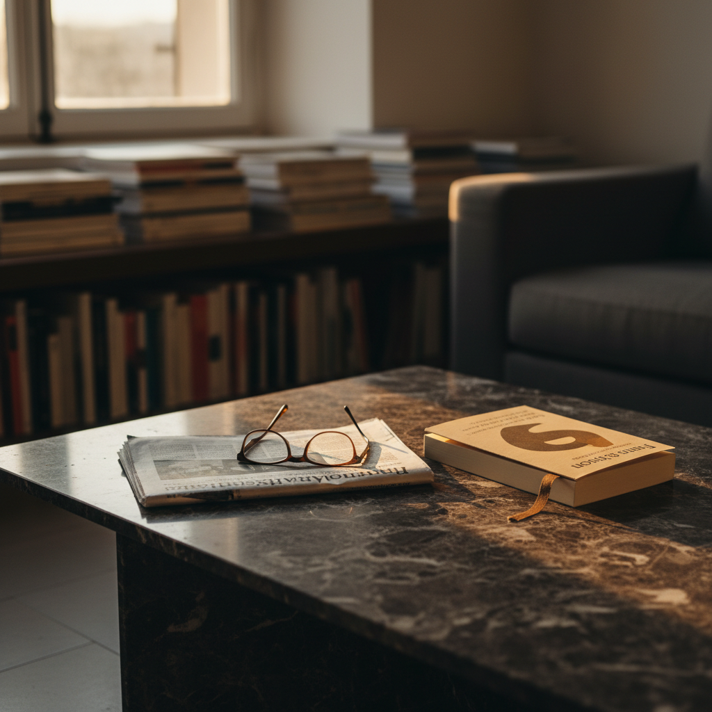Una composición fotográfica de una mesa de centro de mármol oscuro en una sala sobria, donde se despliega un periódico de análisis internacional cuidadosamente doblado junto a una novela de ficción de tapa blanda con diseño contemporáneo en tonos ocres. Sobre el periódico descansa un par de gafas de lectura plegadas y un marcador de páginas de cuero envejecido sobresale del libro. La iluminación procede de un ventanal fuera de cuadro, con luz de atardecer filtrada que baña la escena en un tono cálido y contrasta con pequeñas zonas en sombra. En segundo plano, desenfocado, se adivinan estanterías con más libros y algunas revistas apiladas. El estilo es de realismo fotográfico sobrio, con encuadre a media altura y atmósfera reflexiva, casi editorial, que sugiere análisis, opinión y literatura entrelazados.
